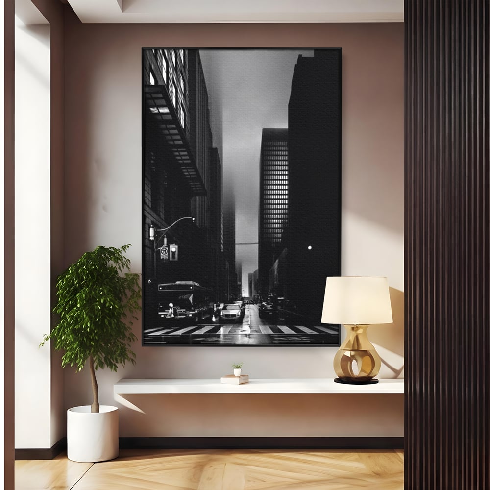 Tablou canvas cu tablou canvas cu oras in ceata, in rama de aluminiu negru